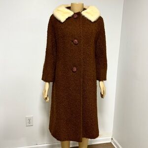 Vintage 60s Lowensteins Brown Wool Cream Mink Fur Collar Coat Jacket Size‎ Large
